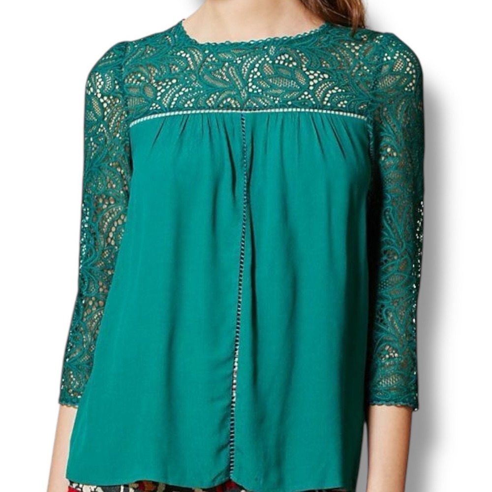 Moulinette Soeurs Flowy Boho Cottage Floral Lace Cloaked Blouse‎ Teal Green Sz 4